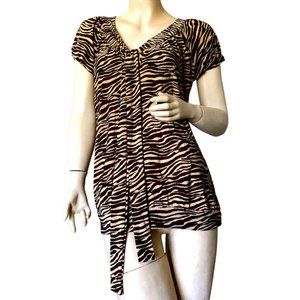 8 of Hearts Women's Brown Collarless Animal Print Short Sleeve Top Blouse Sz Med